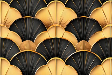 Elegant black and gold art deco geometric pattern featuring symmetrical lines and fan shapes for sophisticated invitations and decor