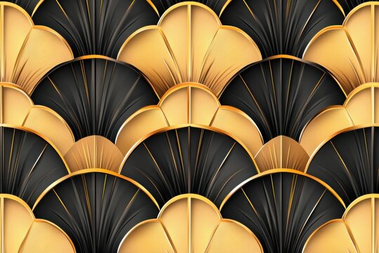 Elegant black and gold art deco geometric pattern featuring symmetrical lines and fan shapes for sophisticated invitations and decor
