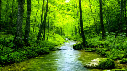 Obraz premium A fresh green forest with a clear stream running through the middle, emphasizing conservation