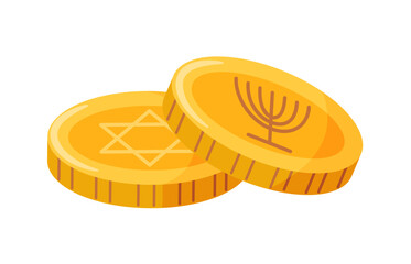 Hanukkah coins with Jewish symbols Magen David and Menorah. Hand drawn trendy flat style isolated Happy Hanukkah icon. Vector elements