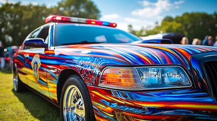 Vibrant custom-painted police car at outdoor event.