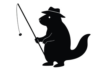 Silhouette vector illustration of a beaver wearing a fisherman's hat with a fishing rod on a white background.