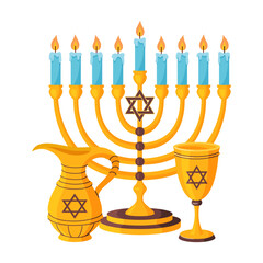 Golden Menorah with nine lit candles, jug of oil and goblet of wine. Hand drawn flat style isolated icon. Jewish holiday of Hanukkah traditional candelabrum. Happy Hanukkah Vector illustration
