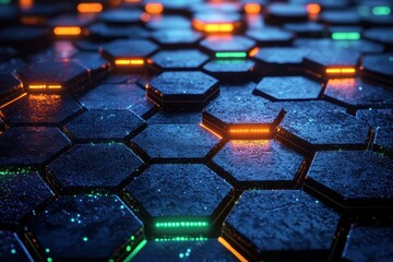 Obraz premium Futuristic grid of abstract hexagonal shapes digital realm high fidelity dark environment captivating viewpoint technology concept
