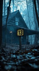 Mysterious Cabin in Foggy Forest with Sign Number 13 at Dusk