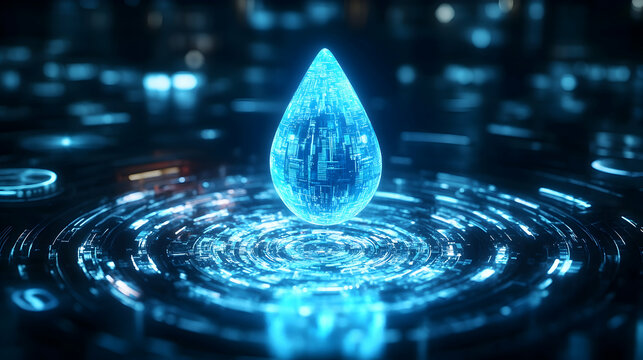 A glowing blue water droplet suspended in a futuristic digital interface - Powered by Adobe