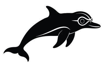 Silhouette vector illustration of a dolphin wearing swim goggles and a swimsuit on a white background.