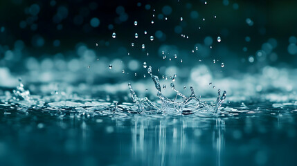 A high-speed capture of raindrops hitting a calm water surface, creating dynamic patterns
