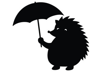 Silhouette vector illustration of a friendly hedgehog with a tiny umbrella on a white background.