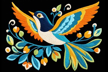 Obraz premium Colorful flying bird with vibrant embroidery featuring intricate stitching and lively colors for an eye-catching sweater design in a natural setting
