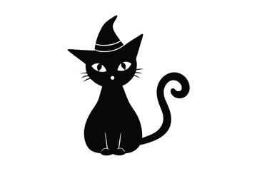 Silhouette vector illustration of a mystical cat wearing a witch’s hat and a cape on a white background.