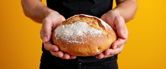 Freshly baked artisan bread held in hands for bakery promotions, food blogs, culinary education, and baking tutorials on vibrant yellow background