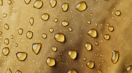 A macro view of water droplets beading up on a waterproof fabric