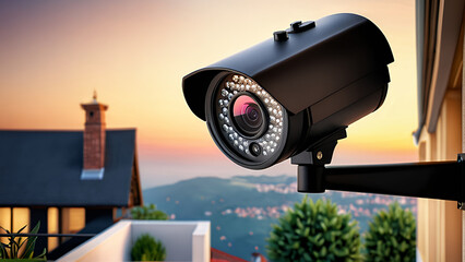 A security camera installed outdoors on a light-textured wall, illuminated by natural sunlight, ideal for articles or advertisements on home security and surveillance technology