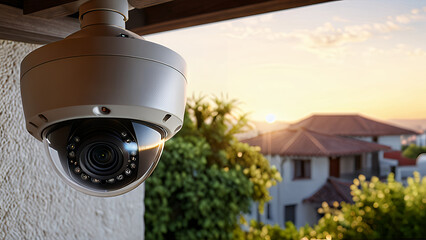 A security camera installed outdoors on a light-textured wall, illuminated by natural sunlight, ideal for articles or advertisements on home security and surveillance technology