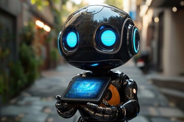 Humanoid robot with glowing blue sensors in urban setting technology art futuristic environment close-up perspective
