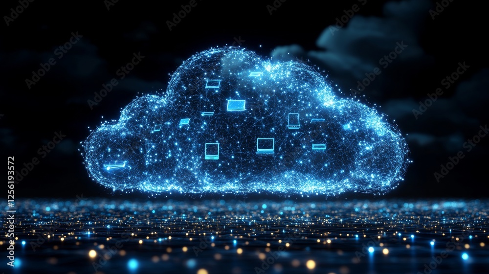 Poster cloud computing network: digital devices interconnected in a luminous cloud, representing data stora