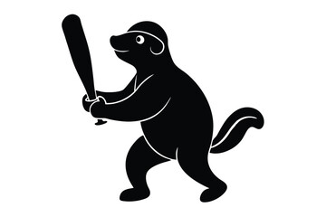 Silhouette vector illustration of a playful seal in a baseball uniform holding a bat on a white background.