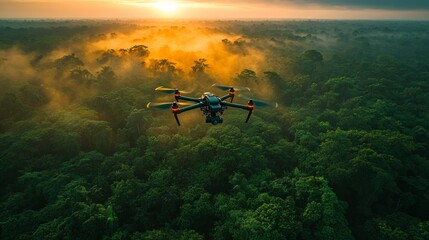 Naklejka premium Aerial Exploration: Drone Flight Over Lush Rainforest Canopy at Sunset, Capturing the Mystical Beauty of Nature's Green Expanse and Golden Light.