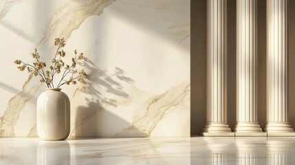 A white vase with flowers sits on a marble floor in front of a white wall