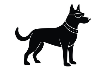 Silhouette vector illustration of a police dog with a badge and sunglasses on a white background.