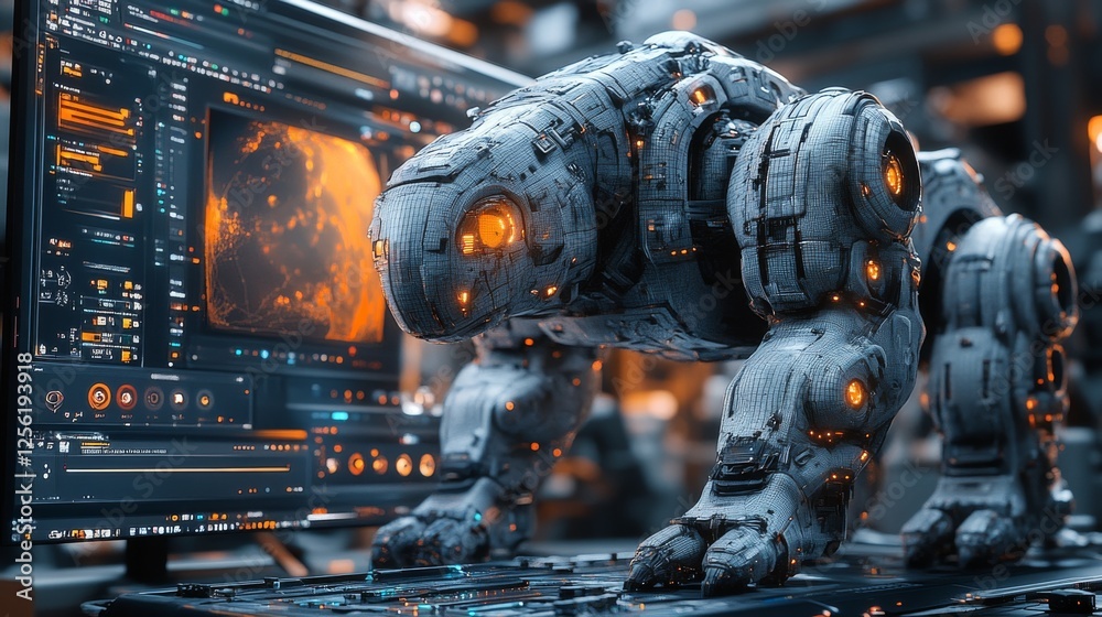 Leinwandbilder futuristic robotic creature inspecting complex data displays, high-tech interface visualization, adv