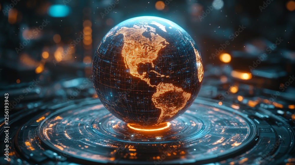 Aufkleber Global Illumination: A Futuristic Earth Globe Illuminated with Orange Grid Data on a Circular Technological Platform