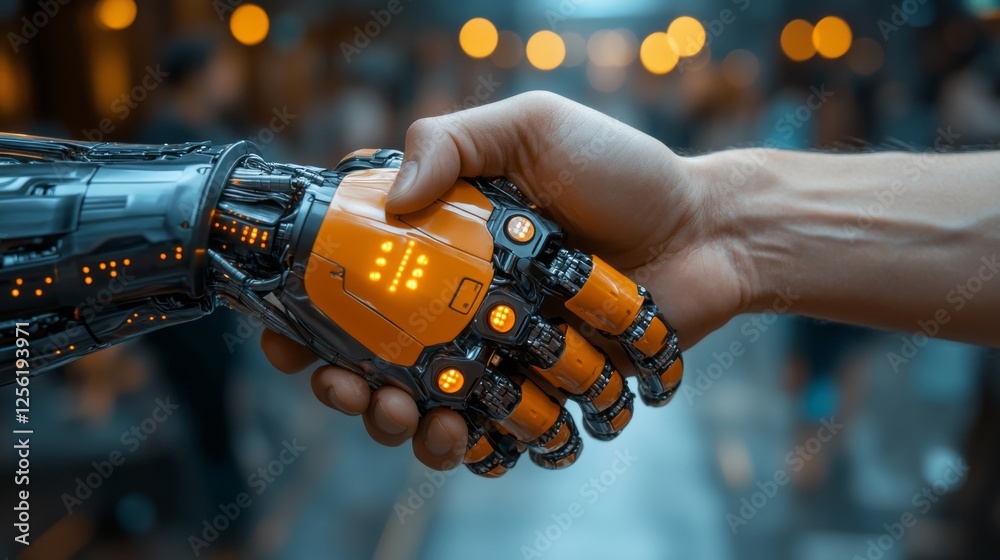 Poster Human Handshake with Futuristic Robotic Arm: Artificial Intelligence and Humanity Collaborating for a Technological Future.