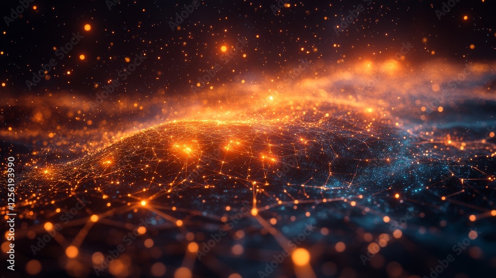 Poster golden network: glowing nodes and interconnected lines in a futuristic data landscape with a cosmic 