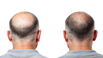 Fototapeta premium A bald-to-hair transformation in a before-and-after comparison for hair restoration.