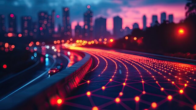 "A City at Twilight, Glowing with the Power of an Interconnected 5G Network"