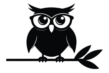 Silhouette vector illustration of a wise owl with glasses, perched on a branch, with a vintage paper texture.