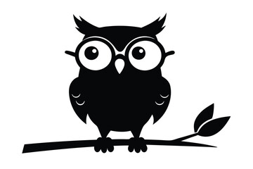 Fototapeta premium Silhouette vector illustration of a wise owl with glasses, perched on a branch, with a vintage paper texture.