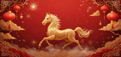 A stunning Chinese New Year 2026 background celebrating the Year of the Horse. A majestic, golden horse is depicted in motion, symbolizing strength and prosperity.