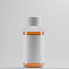 A clear glass medicine bottle with amber liquid, a white blank label, and a white ribbed cap sits against a simple gray background in this 3D render. Ideal for showcasing pharmaceutical or healthcare 