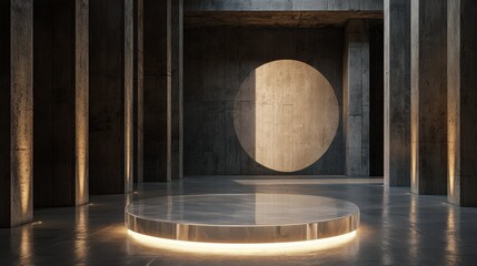 A large, empty room with a round pedestal in the center