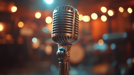 Vintage microphone in focus with a blurred background of a lively music venue filled with lights
