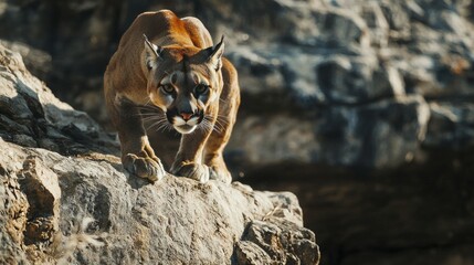 Obraz premium Majestic Cougar Walking on Rocks in Natural Mountain Habitat