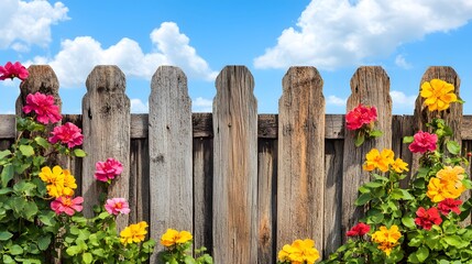 Wooden fence adorned with vibrant flowers in a colorful summer flower meadow under bright blue sky