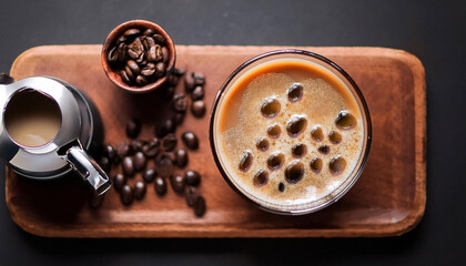 flat lay with cold brew espresso milk and a grey heritage