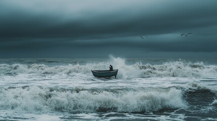 Naklejka premium Stormy Sea with Lone Boat and Dark Clouds Under Gloomy Sky