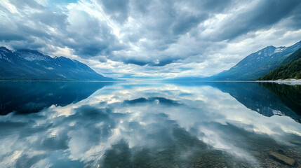 A still lake reflecting a dramatic cloudy sky, showcasing the beauty of untouched waters