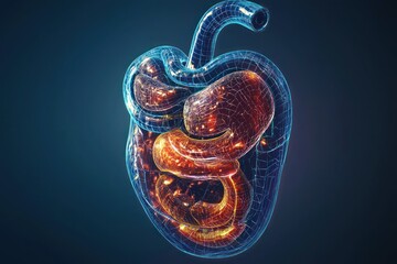Naklejka premium Cross-section of stomach anatomy visualized in a medical rendering, showing gastric juice production and food processing.