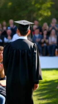 Male student walking at his graduation ceremony, vertical video