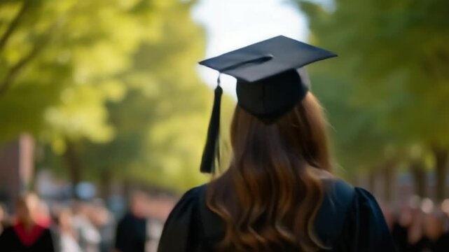 Young female graduate in her cap and gown, walking at her graduation ceremony