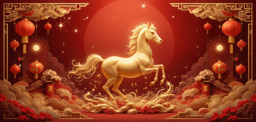 A stunning Chinese New Year 2026 background celebrating the Year of the Horse. A majestic, golden horse is depicted in motion, symbolizing strength and prosperity.