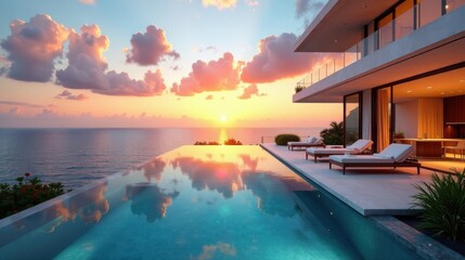 Fototapeta premium Serene Sunset Vista Infinity Pool and Modern Architectural Design at a Luxurious Oceanfront Residence