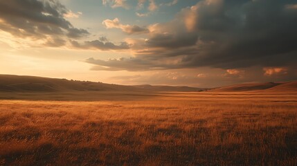 Golden sunset over vast, rolling hills and grassy plains.