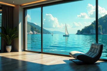 Serene Coastal View from Modern Home's Expansive Window Featuring Sailboats on Calm Ocean Waters