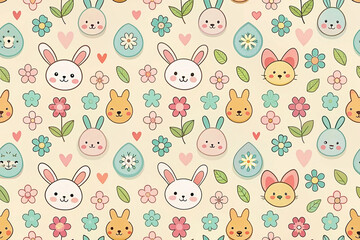 Pastel Easter bunny pattern; floral spring background, cute design